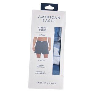 New AMERICAN EAGLE Men's XS 3 Pack 4" Stretch Poplin Boxers Blue Plaid Check Box